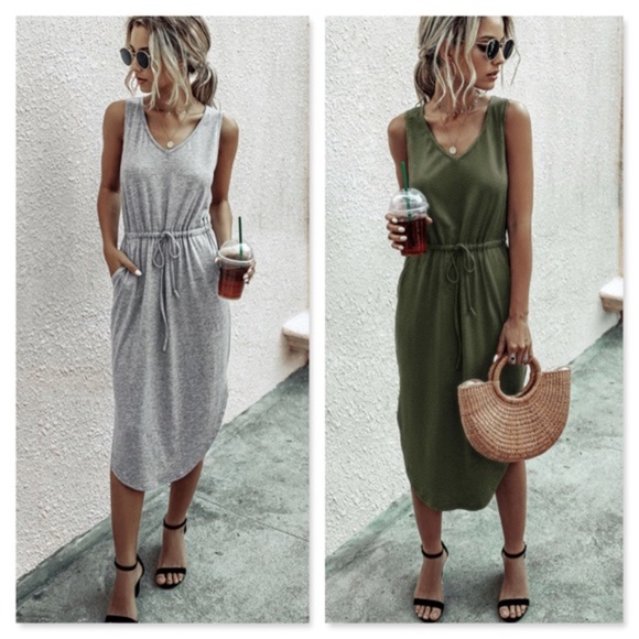 Black Drawstring Waist Midi Casual Dress - Picture 14 of 14